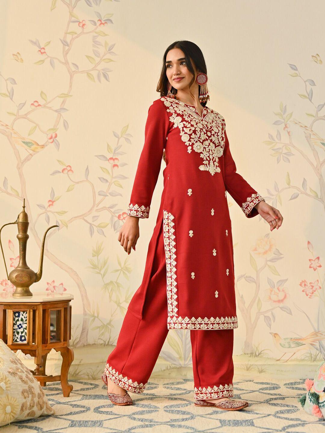 rustorange floral embroidered acrylic straight kurta