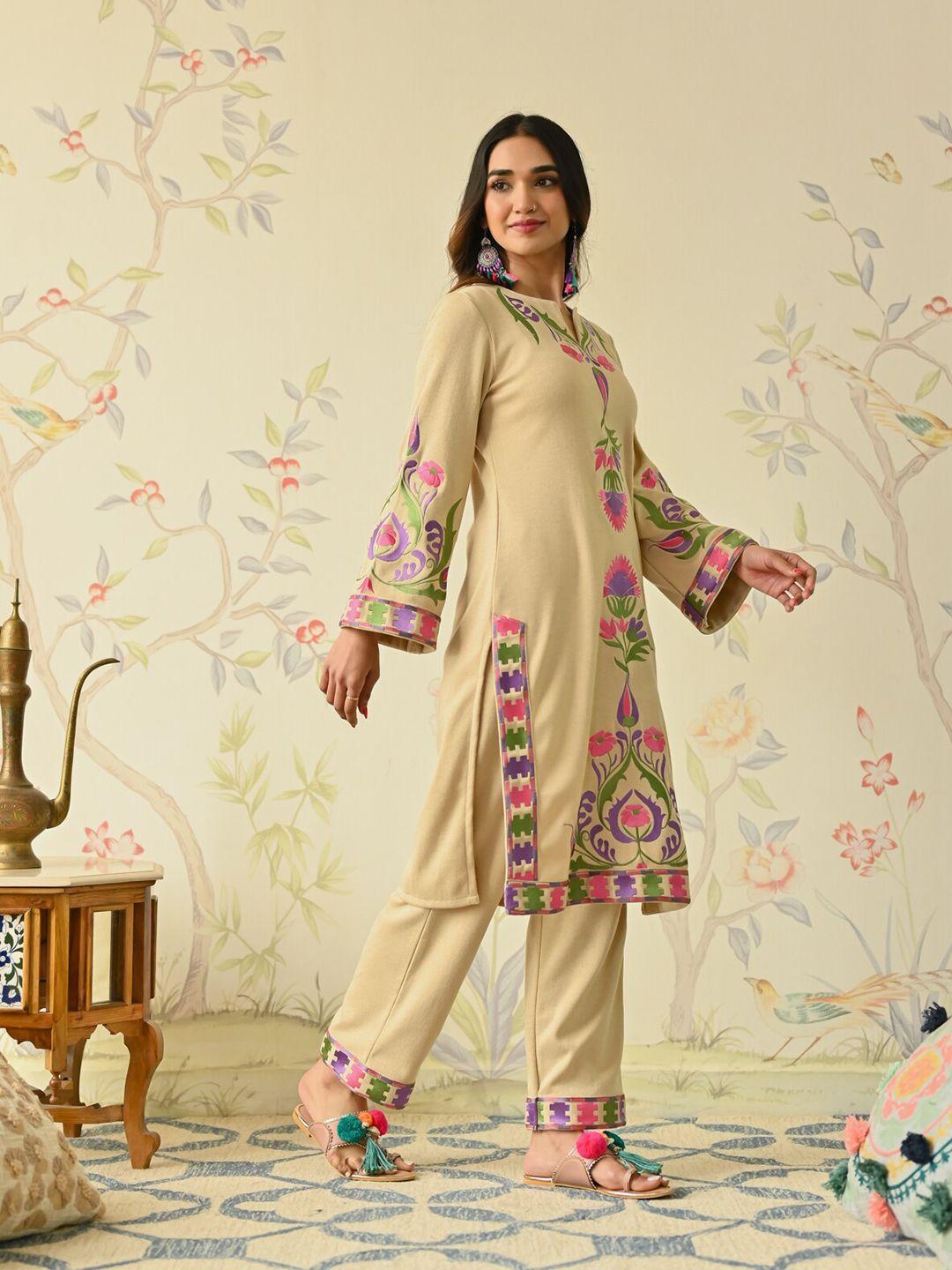 rustorange floral embroidered long sleeves kurta