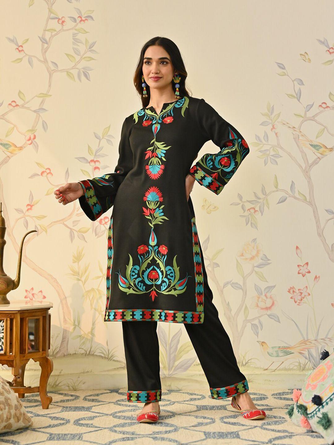 rustorange floral embroidered long sleeves kurta