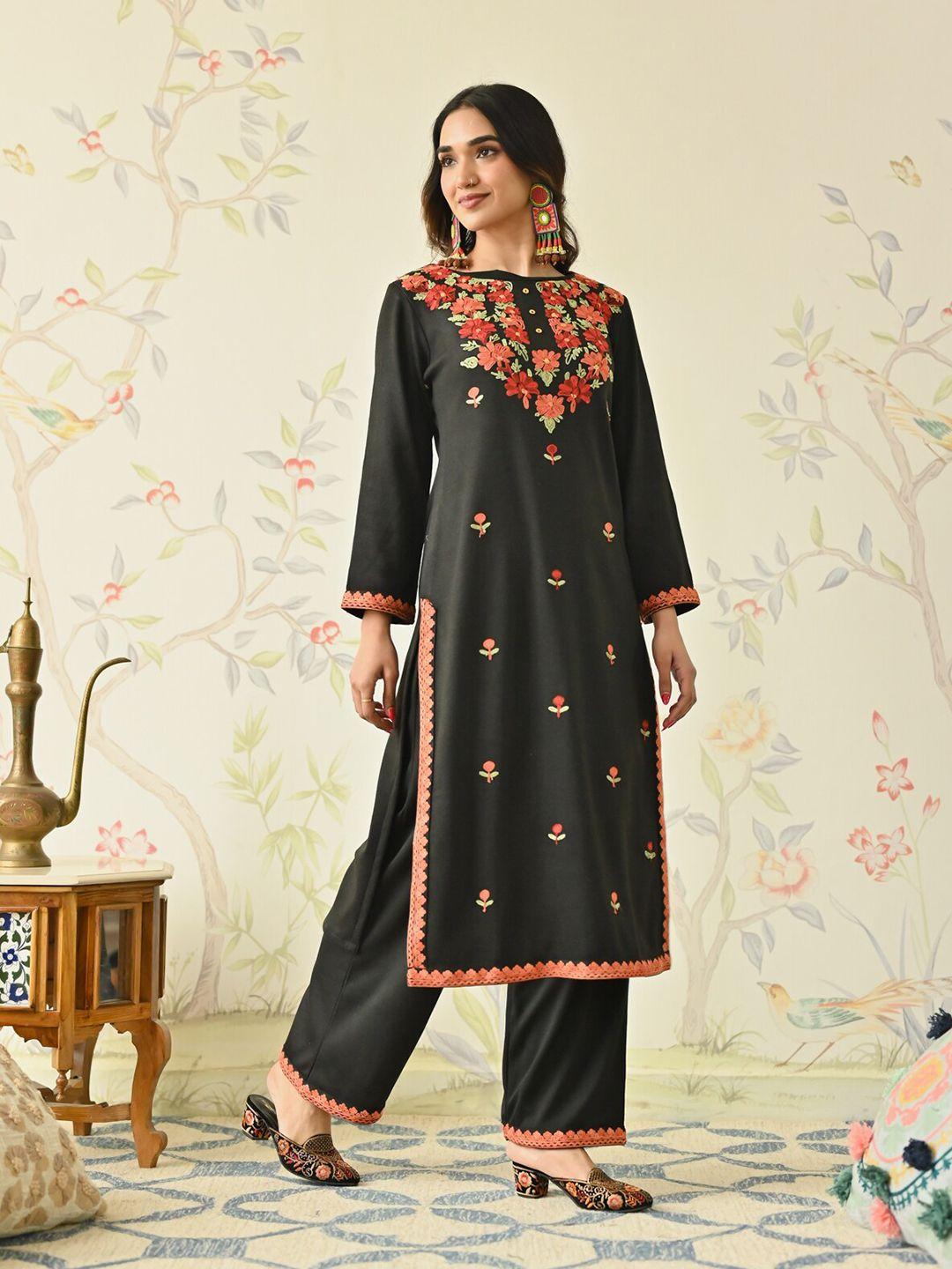 rustorange floral embroidered long sleeves kurta