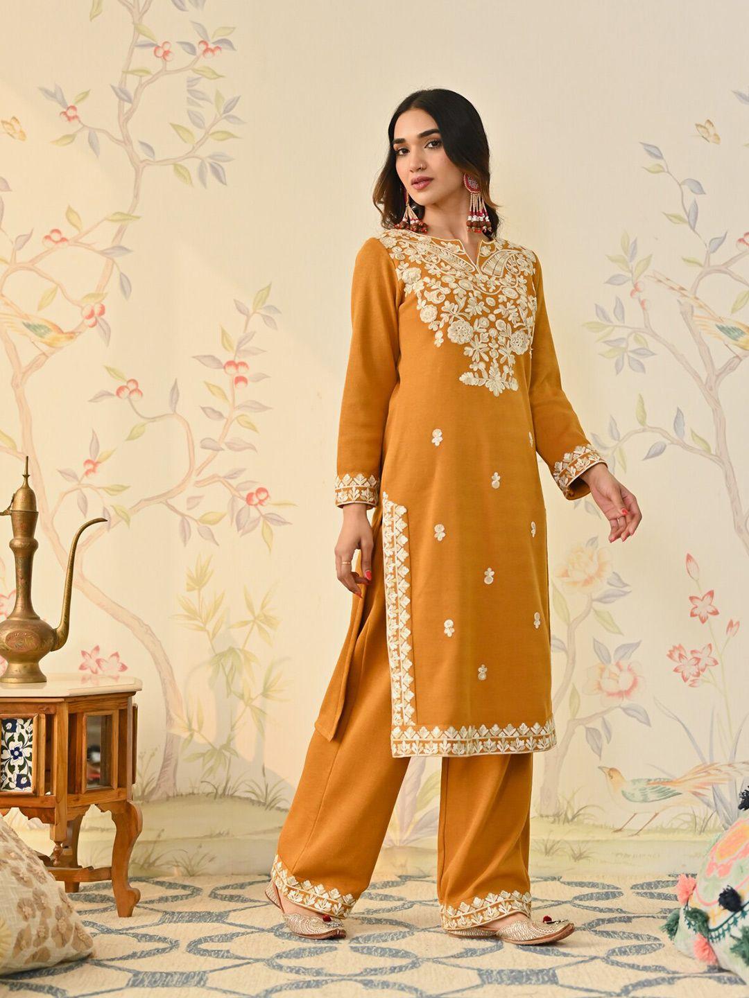 rustorange floral embroidered long sleeves straight kurta