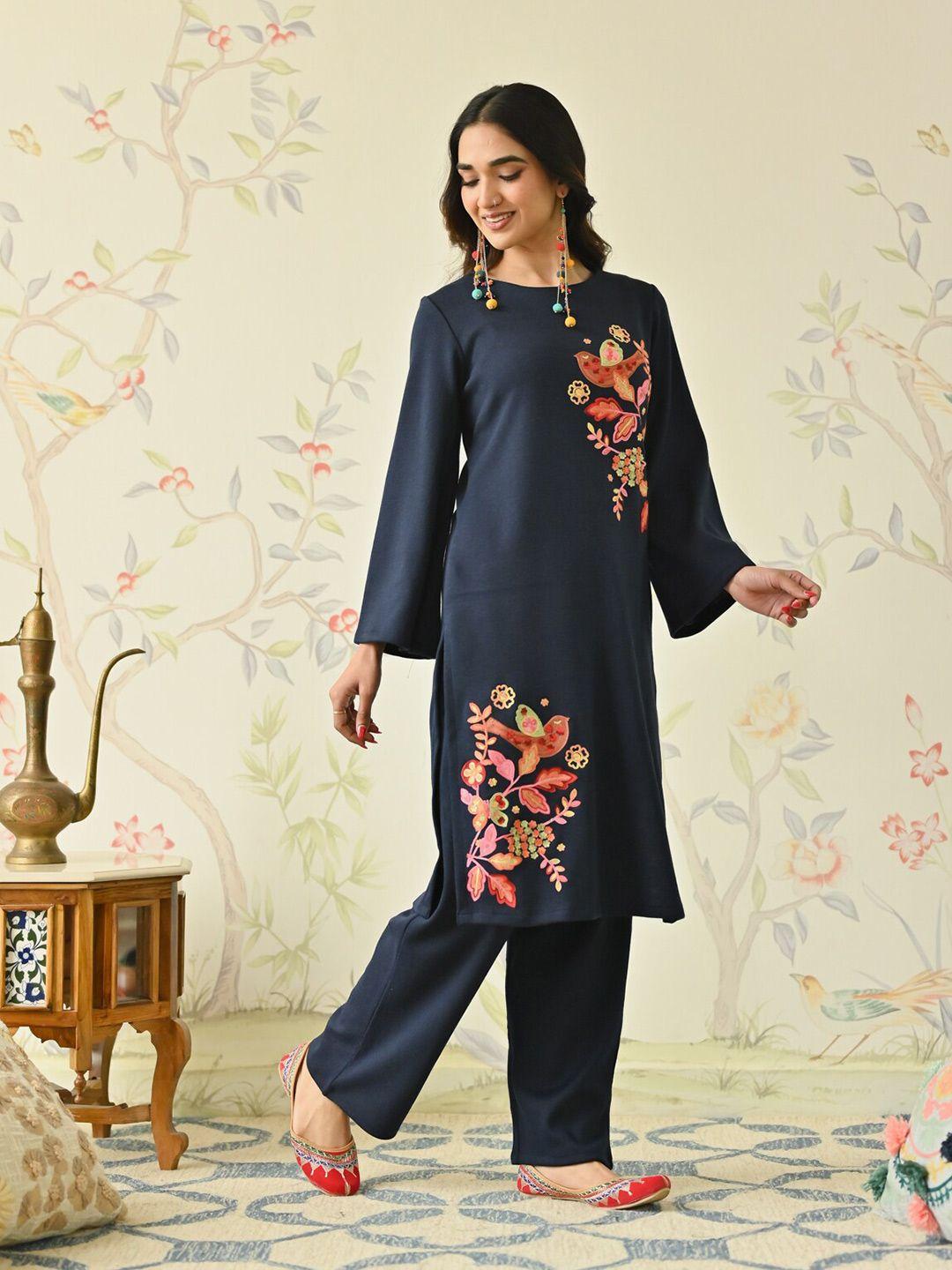 rustorange floral embroidered long sleeves thread work acrylic kurta