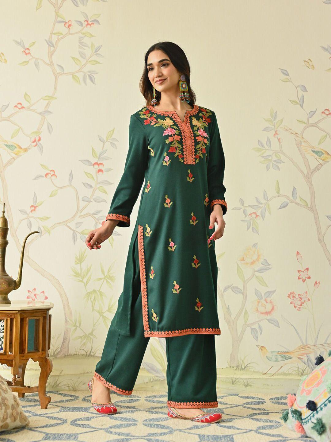 rustorange floral embroidered long sleeves thread work acrylic kurta