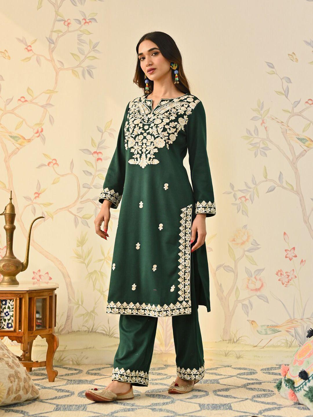 rustorange floral embroidered long sleeves thread work acrylic kurta