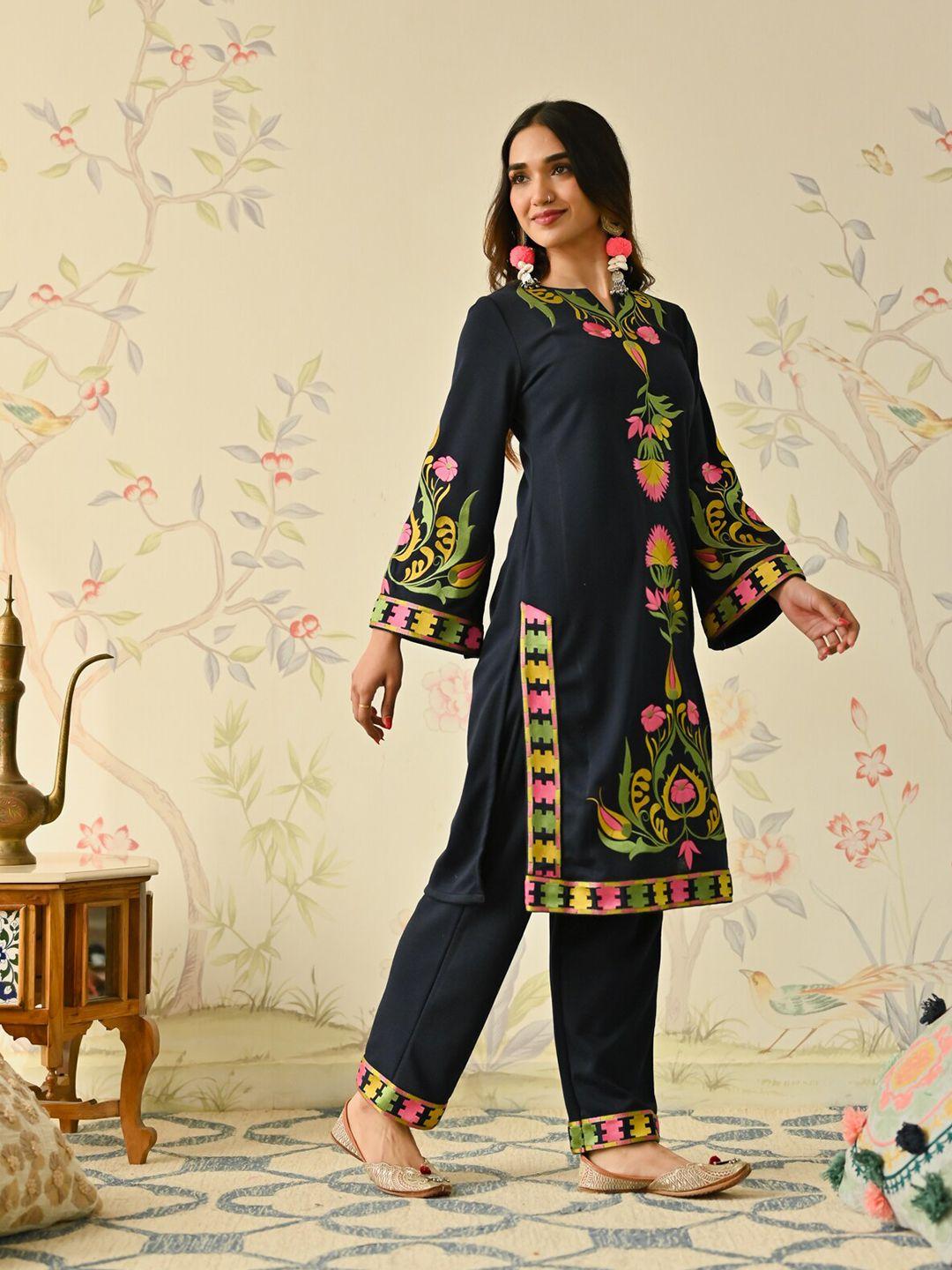 rustorange floral embroidered long sleeves thread work acrylic kurta