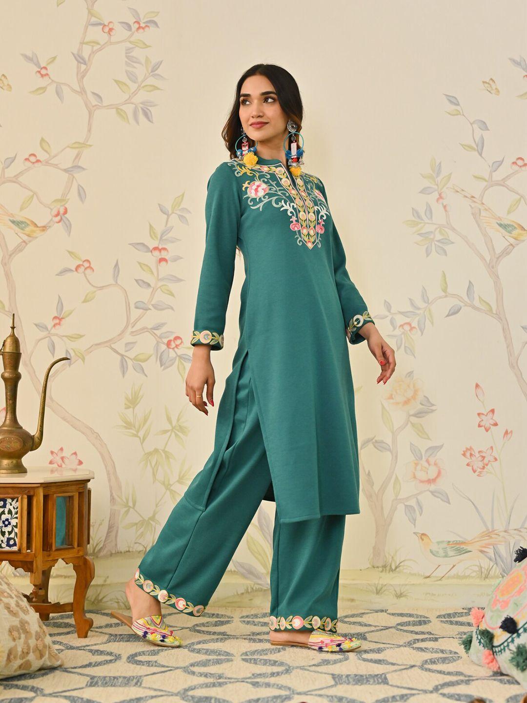 rustorange floral embroidered mandarin collar kurta