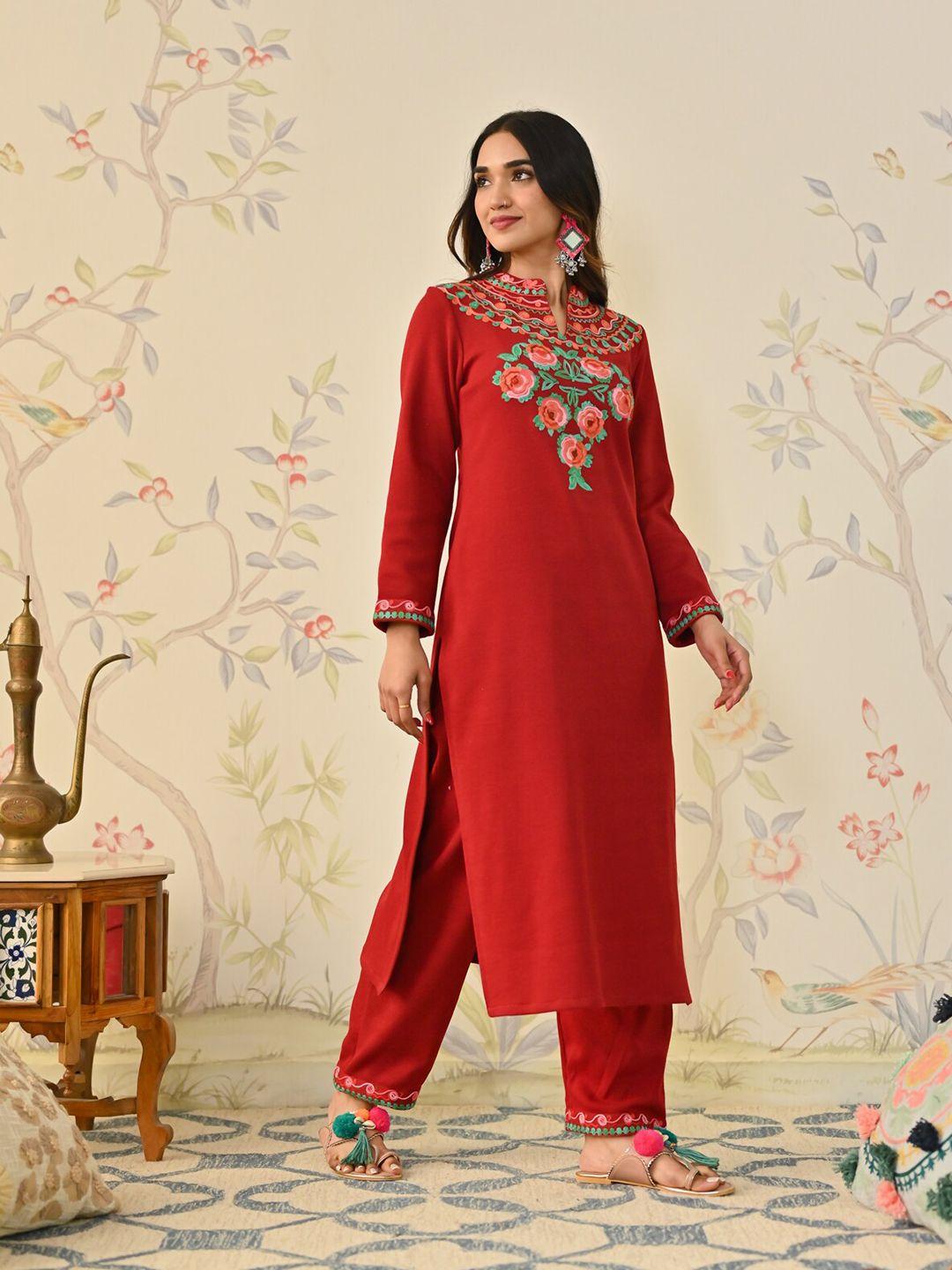 rustorange floral embroidered mandarin collar long sleeves thread work acrylic kurta