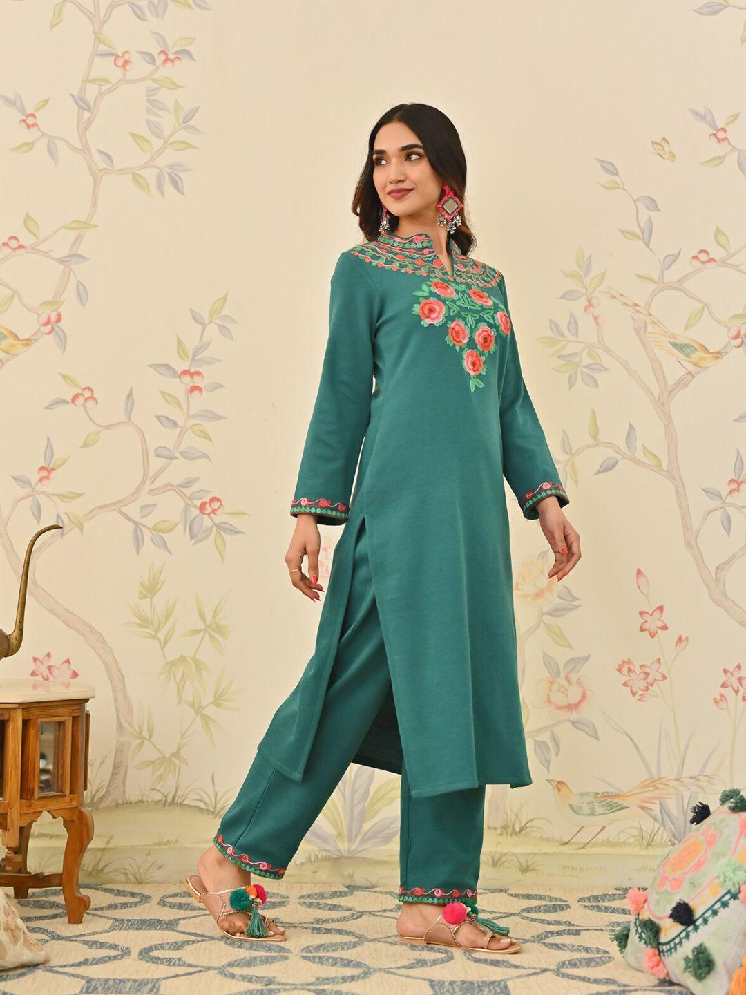 rustorange floral embroidered mandarin collar long sleeves thread work acrylic kurta