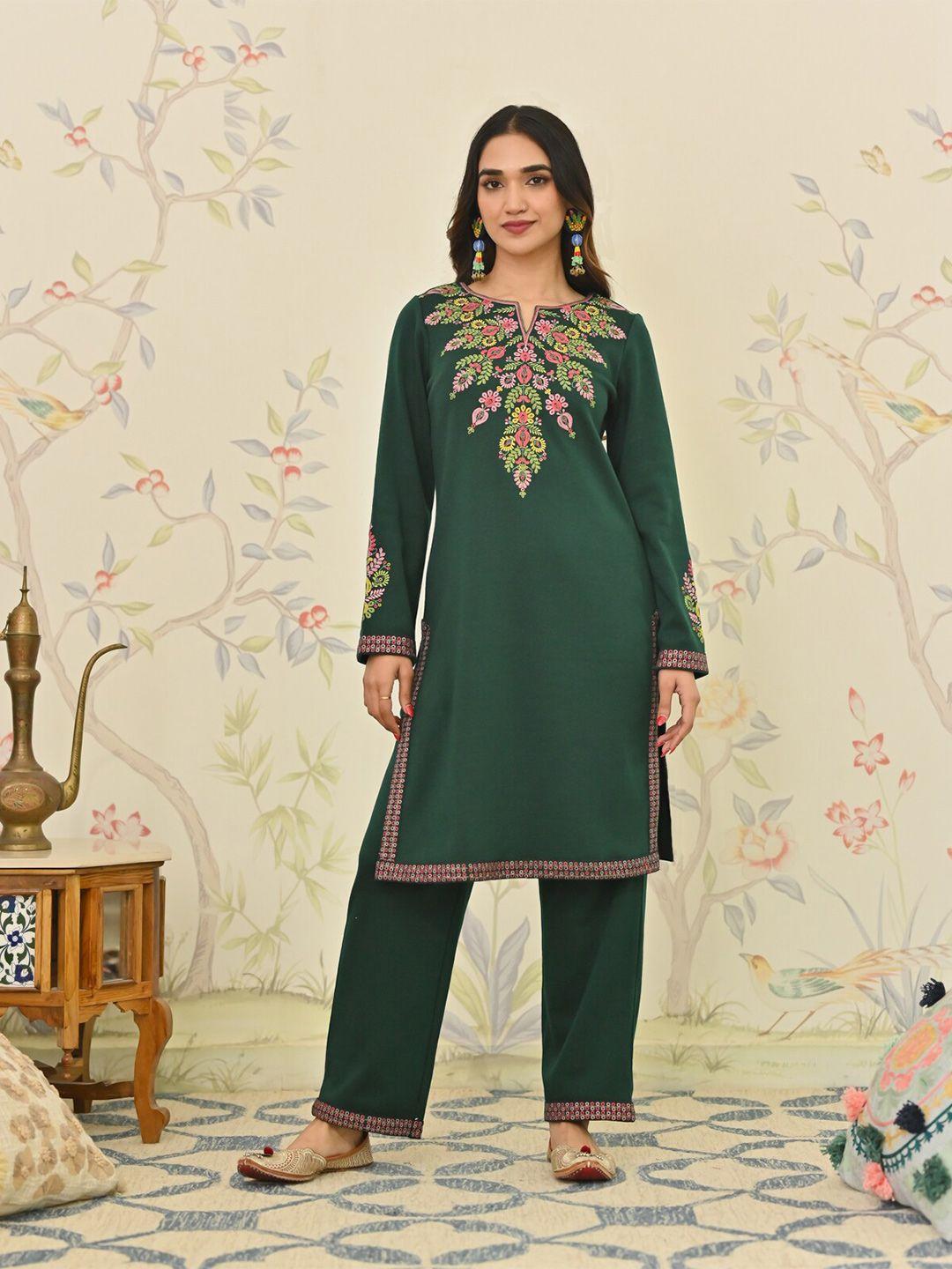 rustorange floral embroidered notch neck acrylic a-line kurta with pant