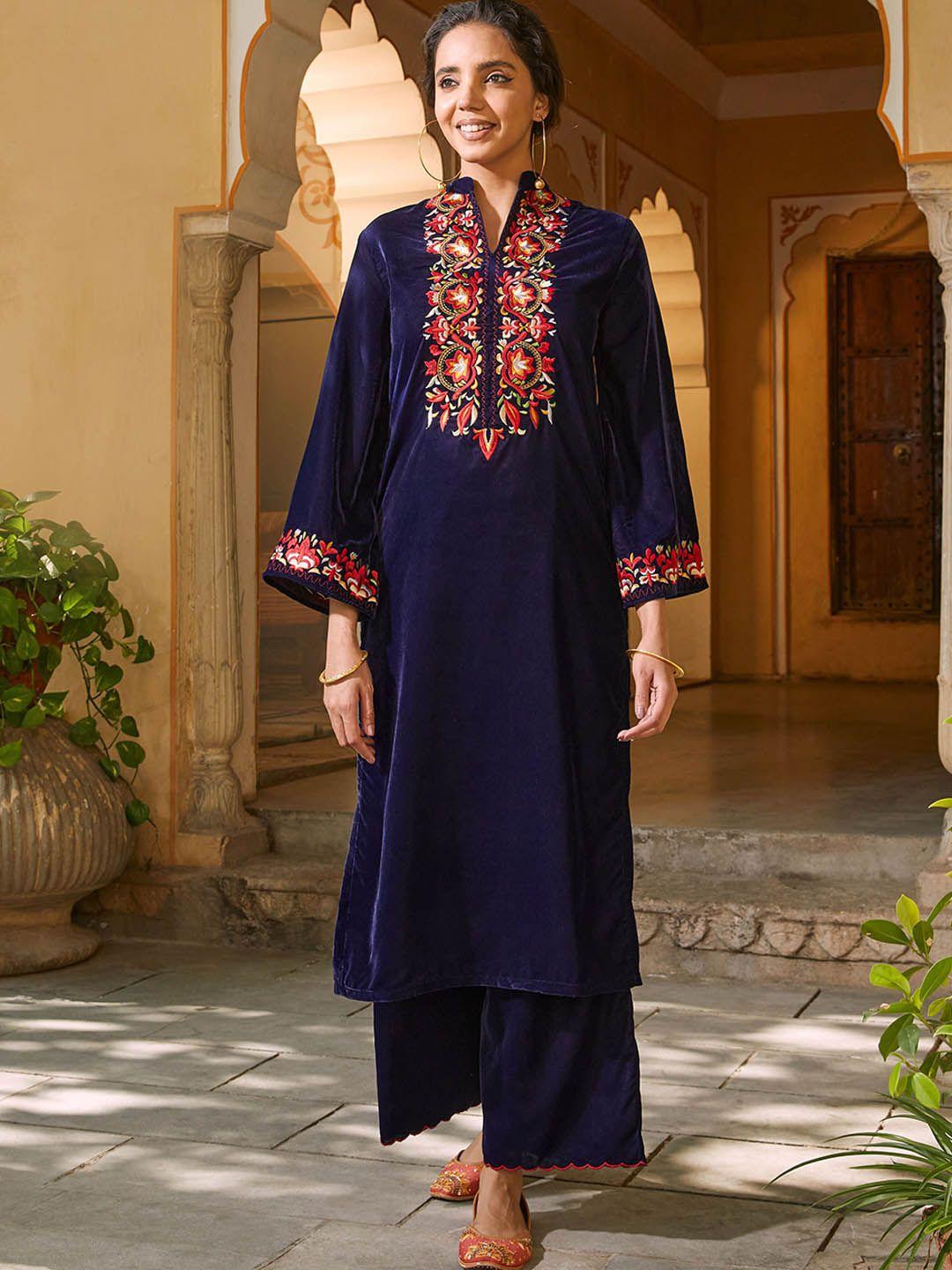 rustorange floral embroidered thread work velvet kurta with trousers