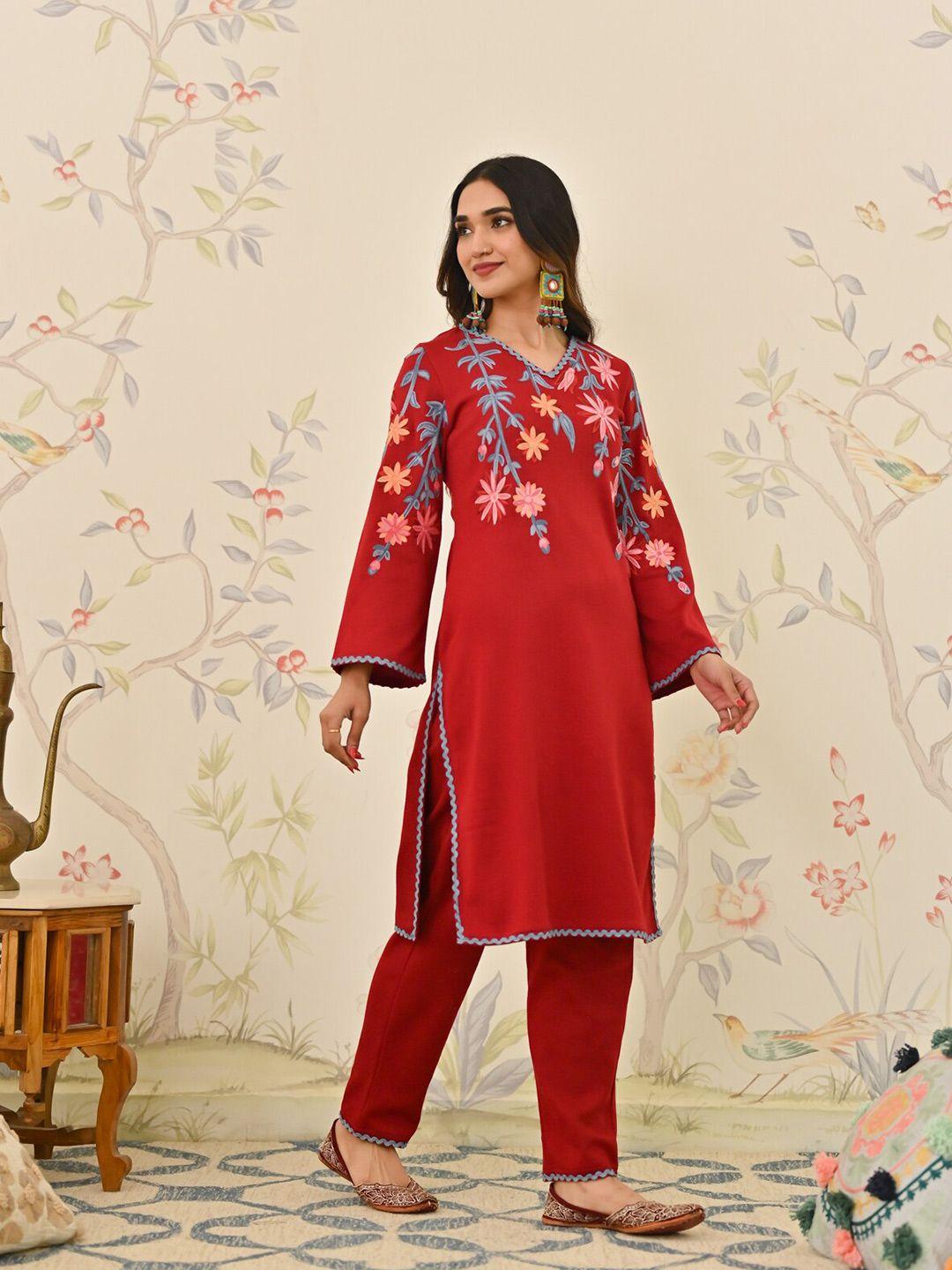 rustorange floral embroidered v-neck long sleeves thread work acrylic kurta