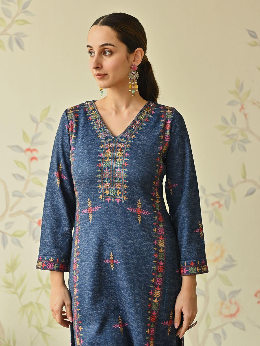 rustorange floral embroidered v-neck-straight kurta