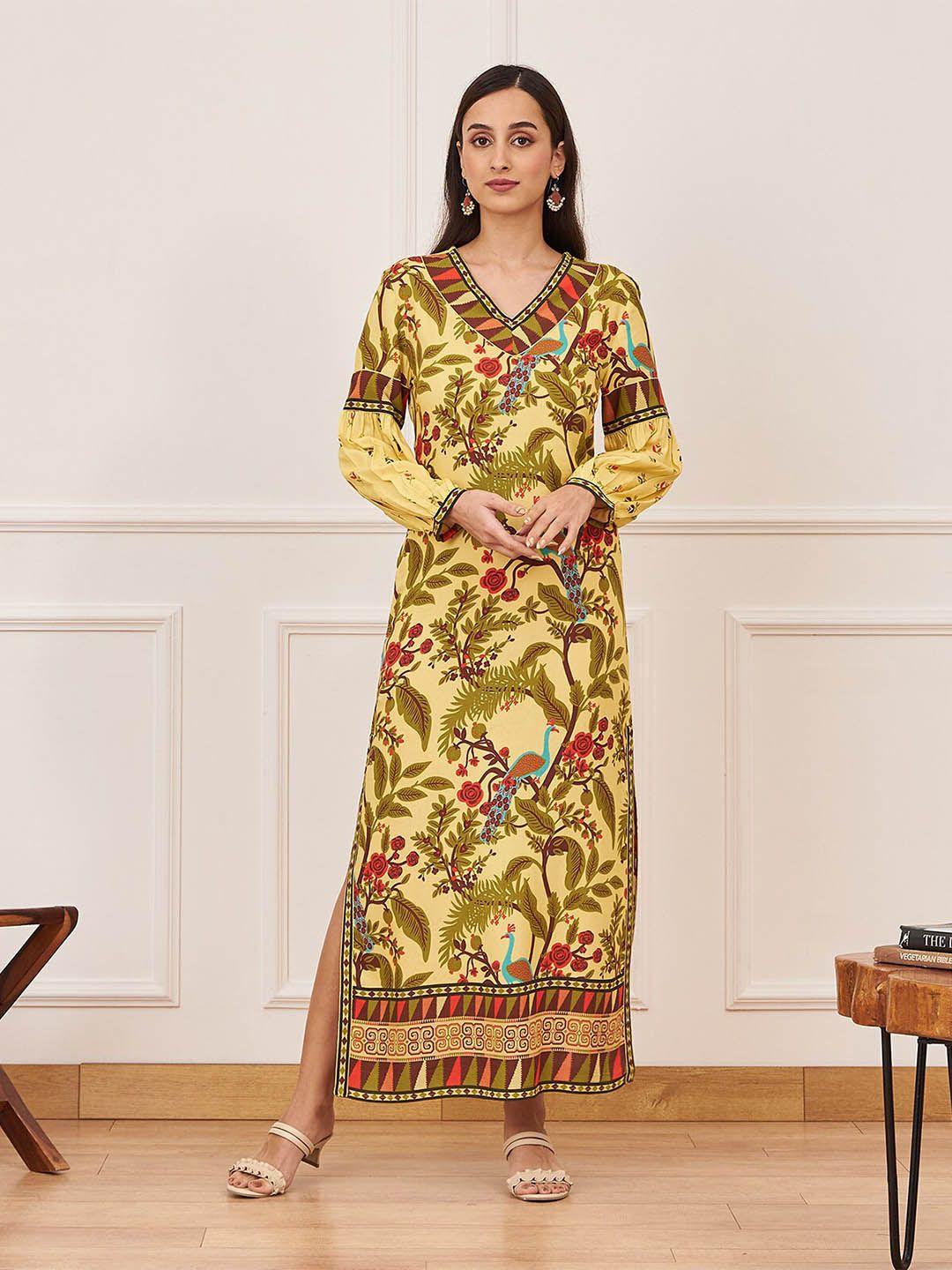 rustorange floral print v-neck cuffed sleeves maxi dress