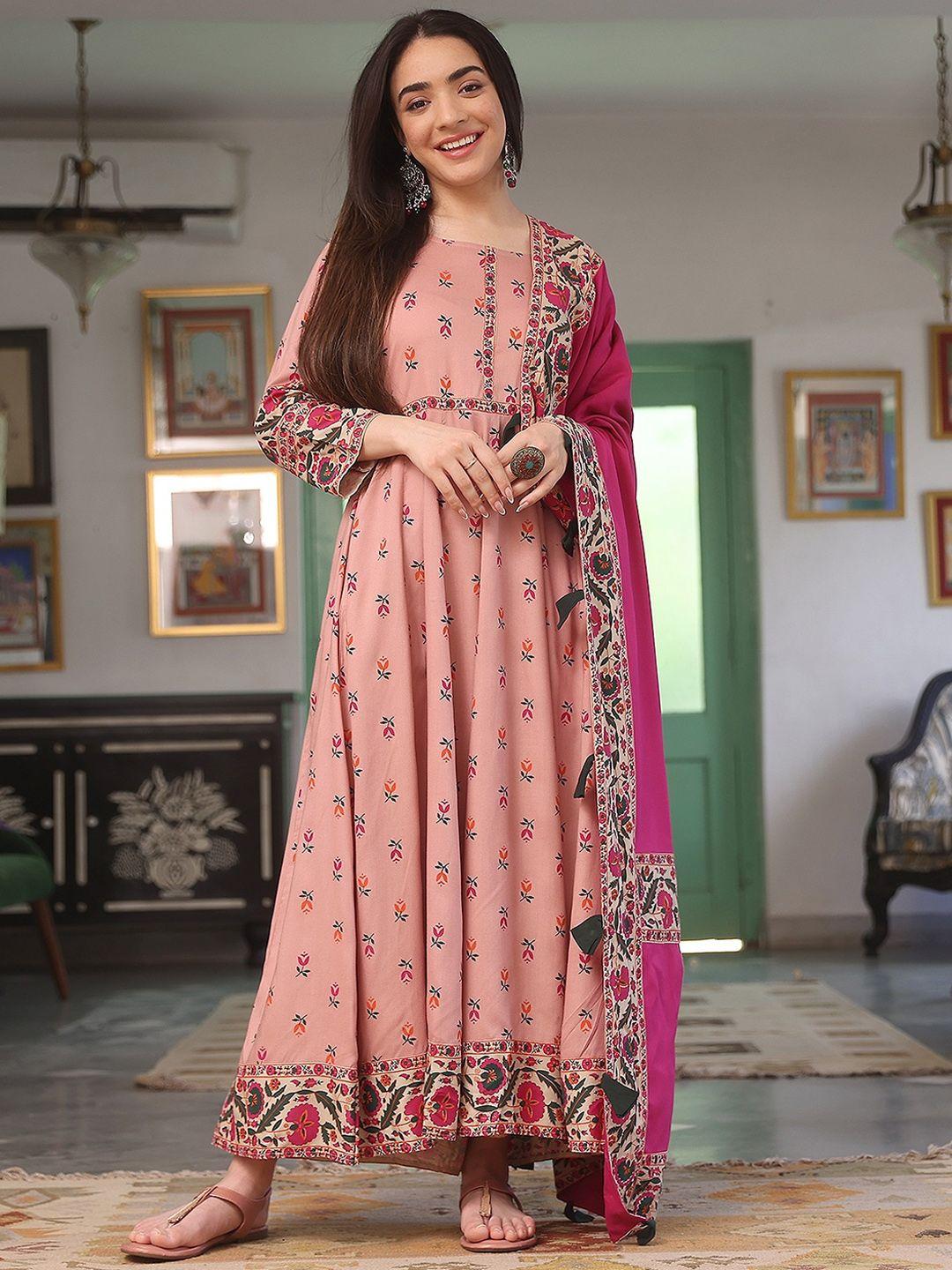 rustorange floral printed anarkali kurta with dupatta