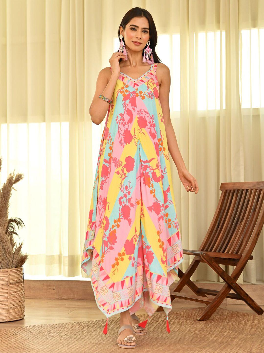 rustorange floral printed asymmetric a-line midi dress