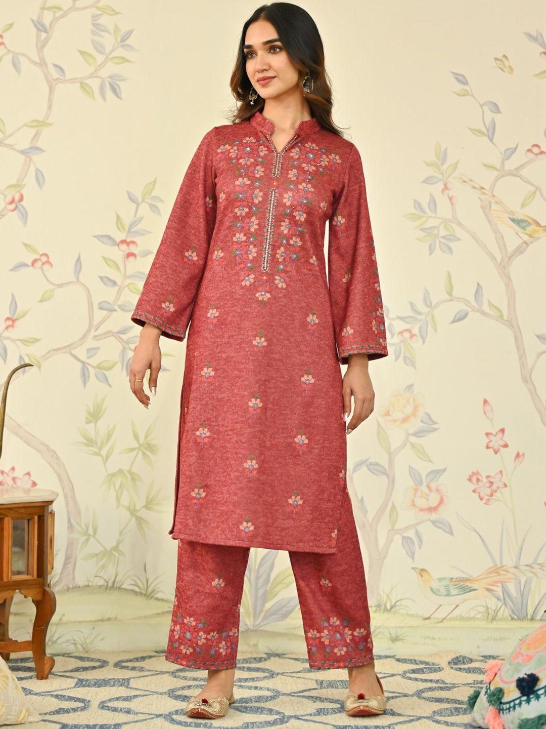 rustorange floral printed beads & stones regular kurta