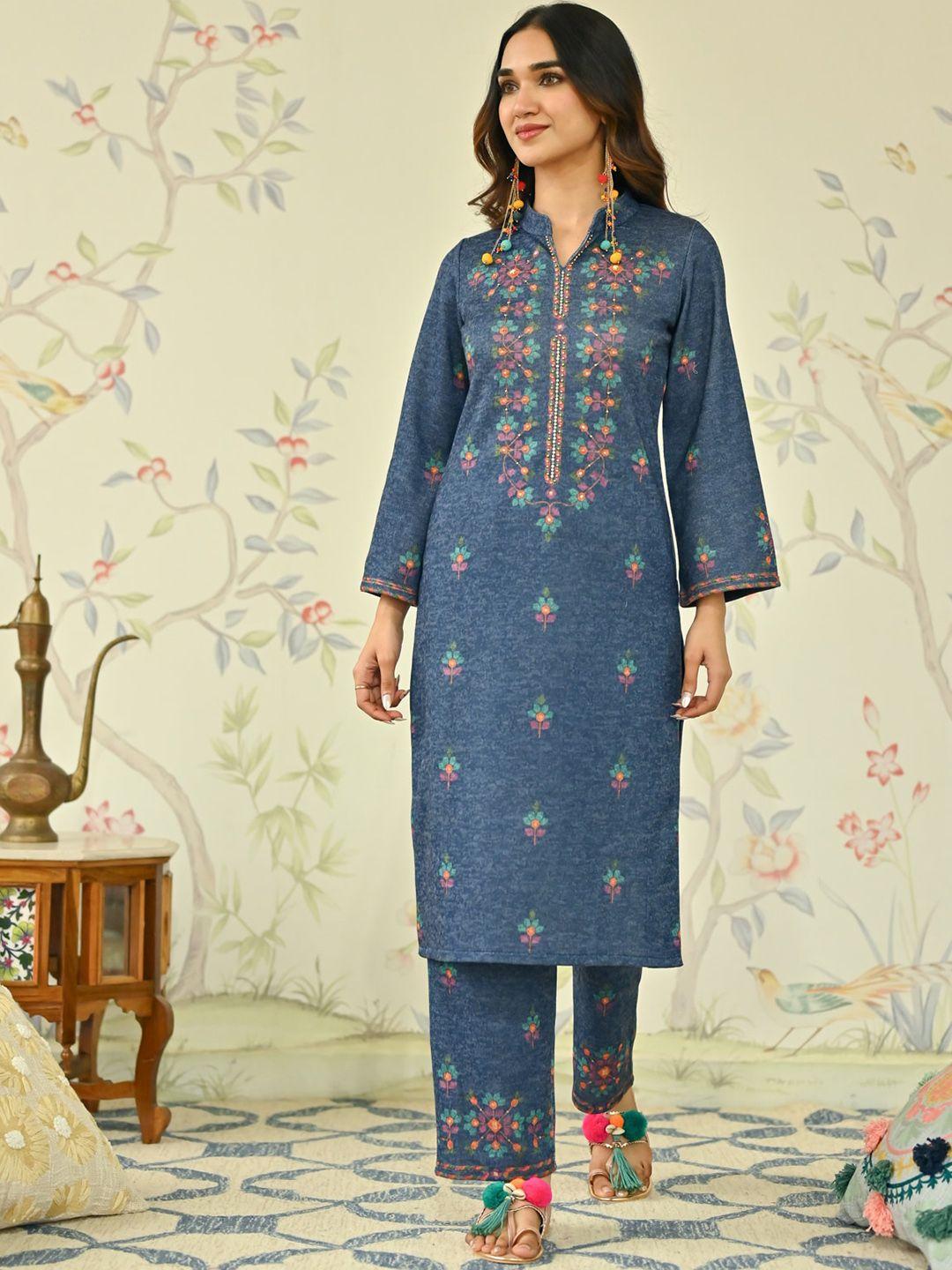 rustorange floral printed beads & stones regular kurta