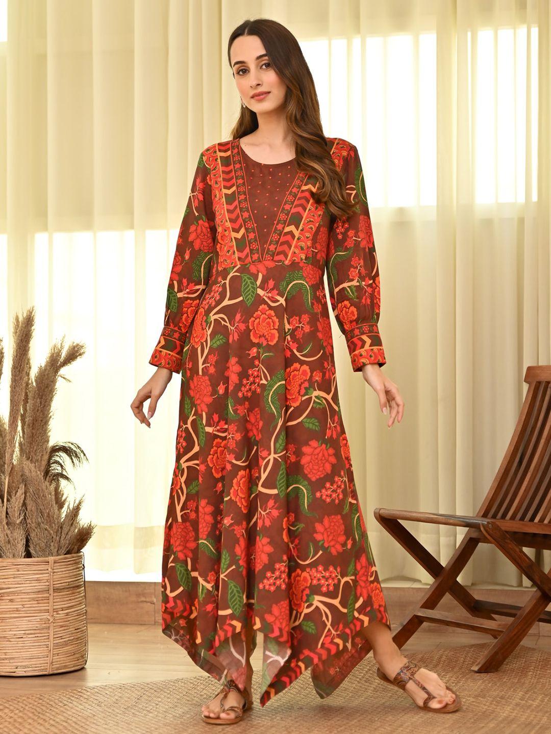 rustorange floral printed bishop sleeves asymmetric a-line ethnic dress