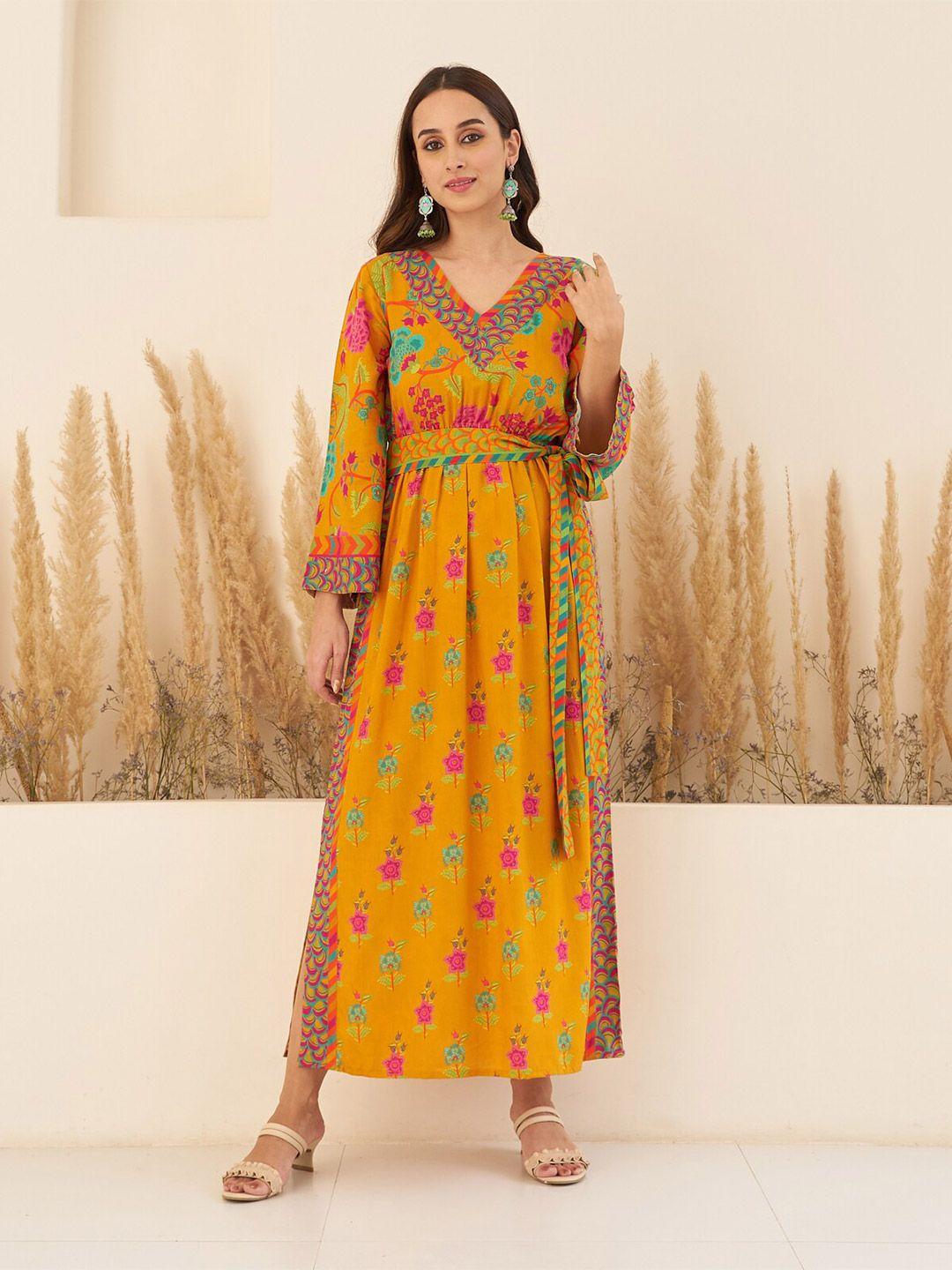 rustorange floral printed cotton v-neck maxi dress with belt