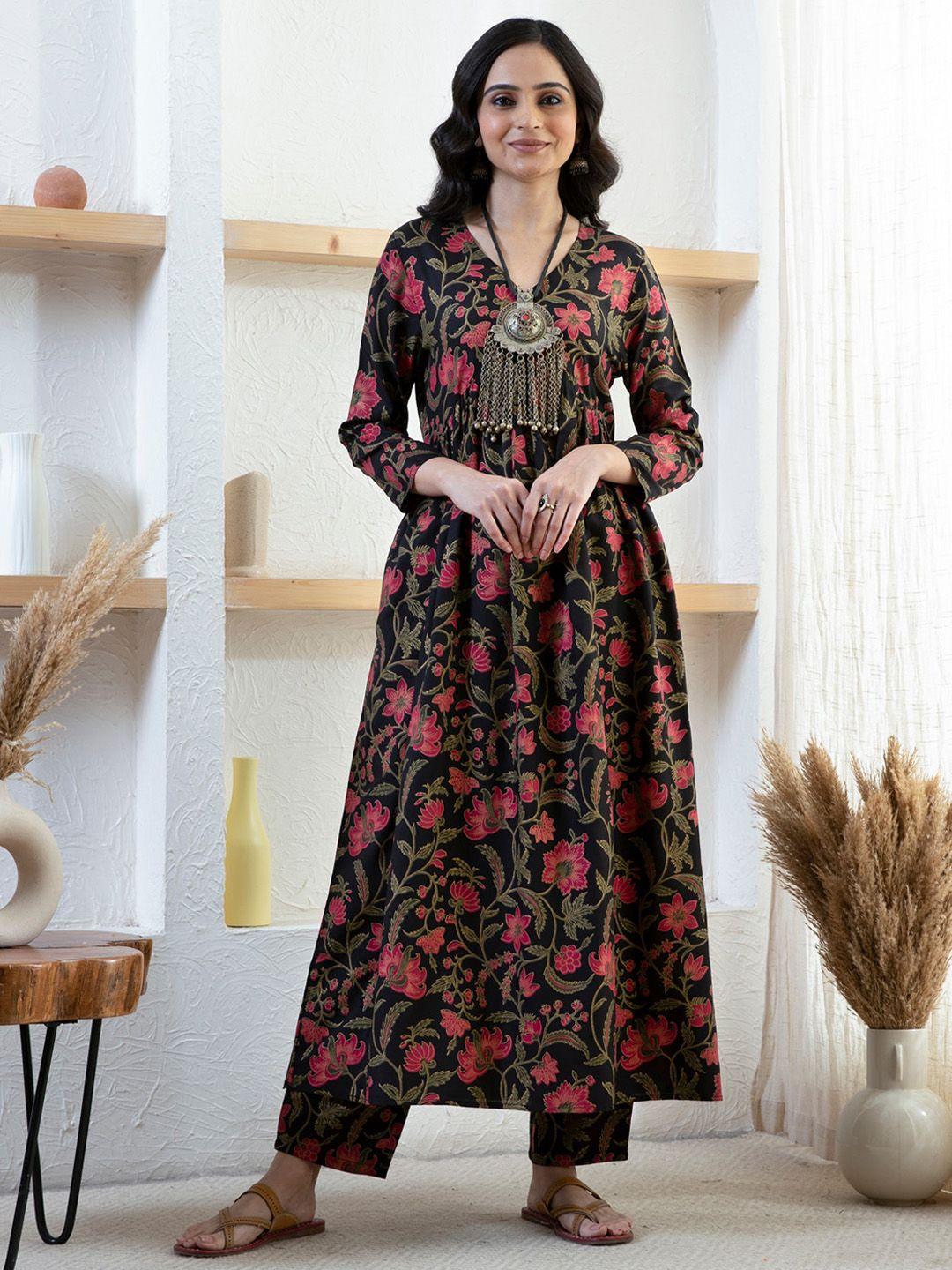 rustorange floral printed empire a-line kurta with trousers