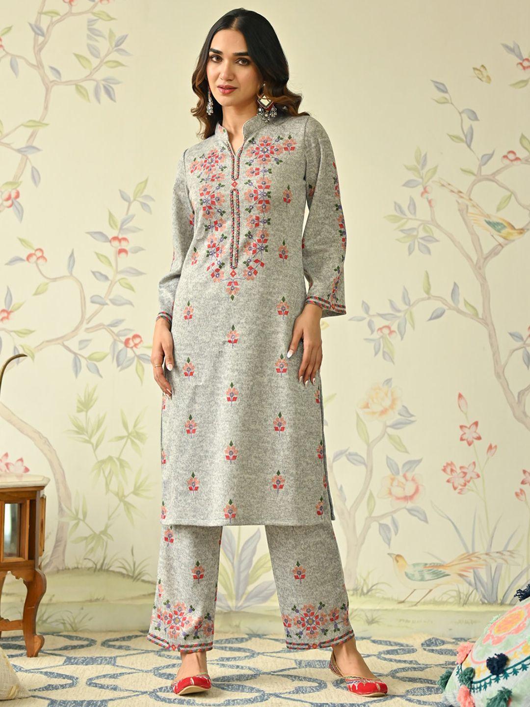 rustorange floral printed mandarin collar beads and stones kurta with trousers