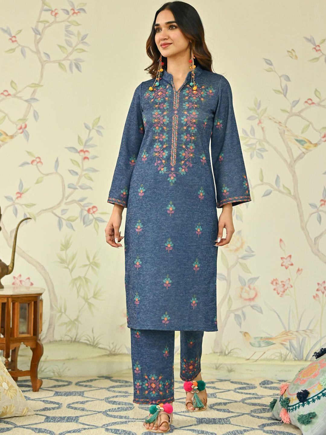 rustorange floral printed mandarin collar flared sleeves straight kurta with trouser