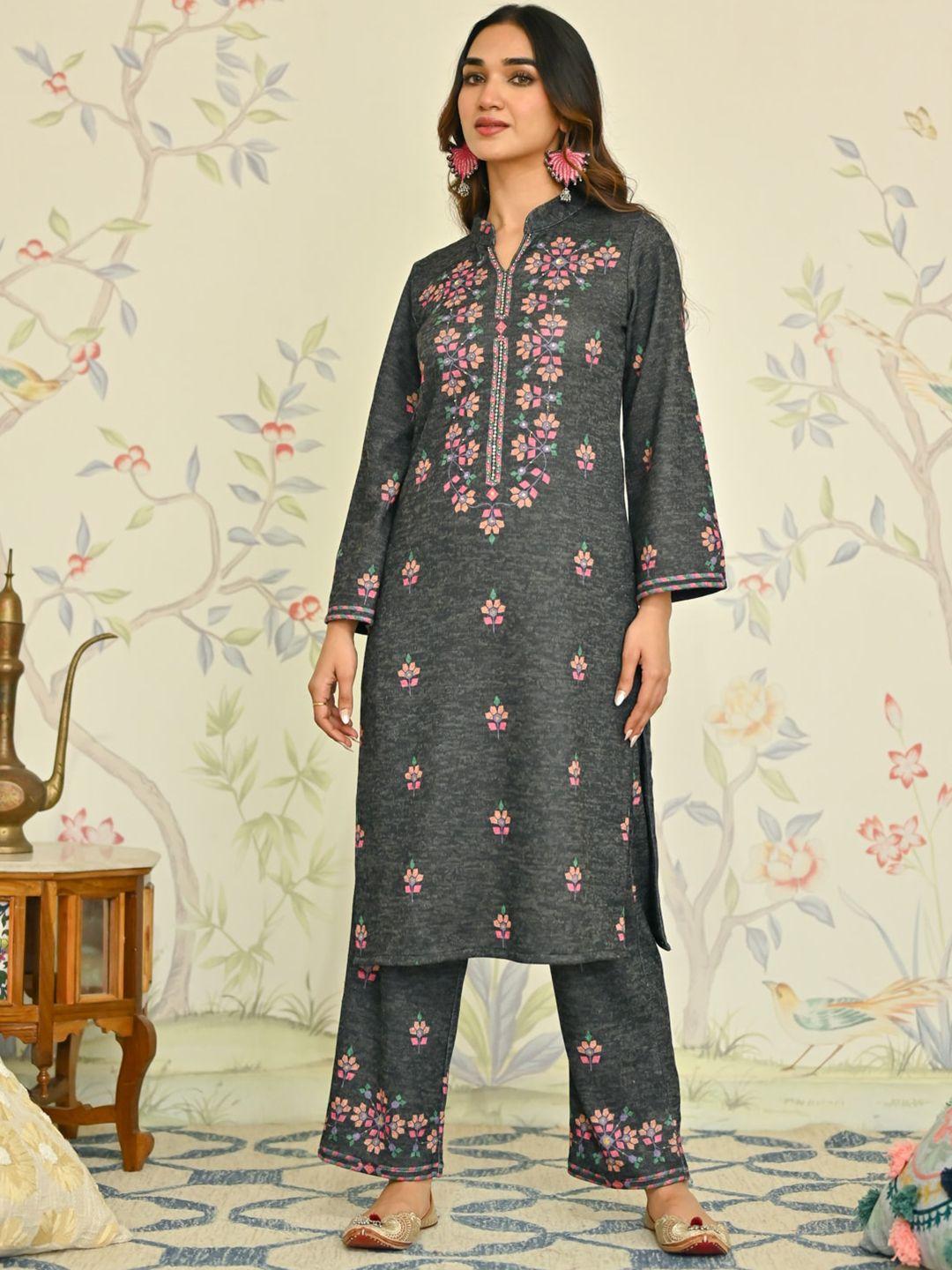 rustorange floral printed mandarin collar sequinned kurta with trousers