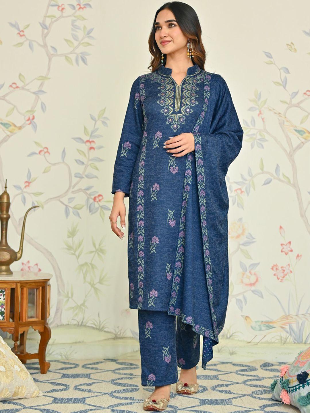 rustorange floral printed mandarin collar sequinned straight kurta & trouser with dupatta