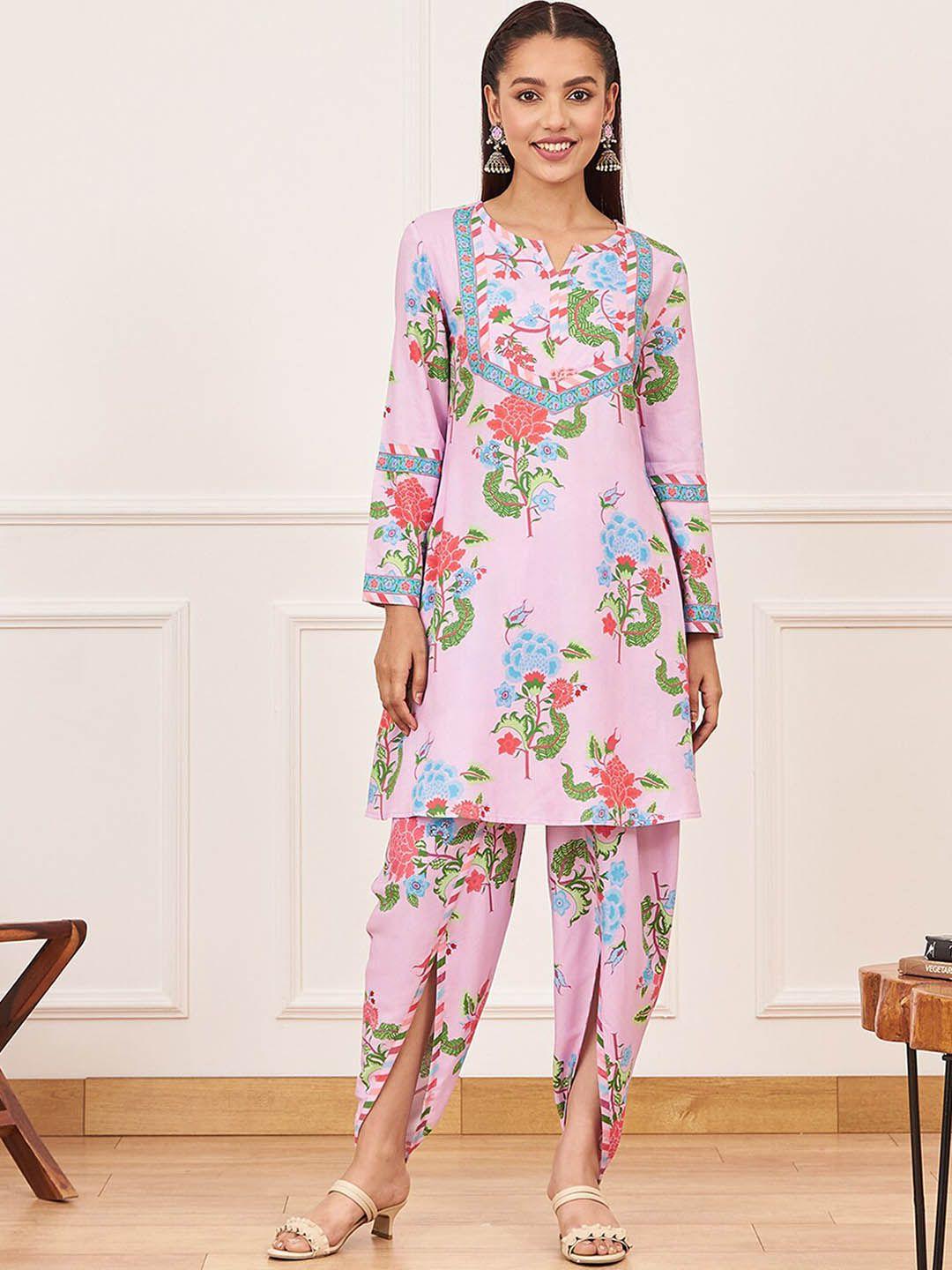 rustorange floral printed notched neck a-line kurta with dhoti pants