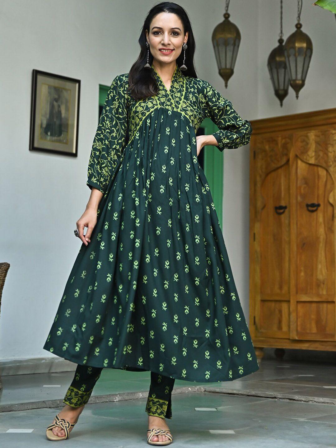 rustorange floral printed puff sleeves a-line pleated kurta with trousers