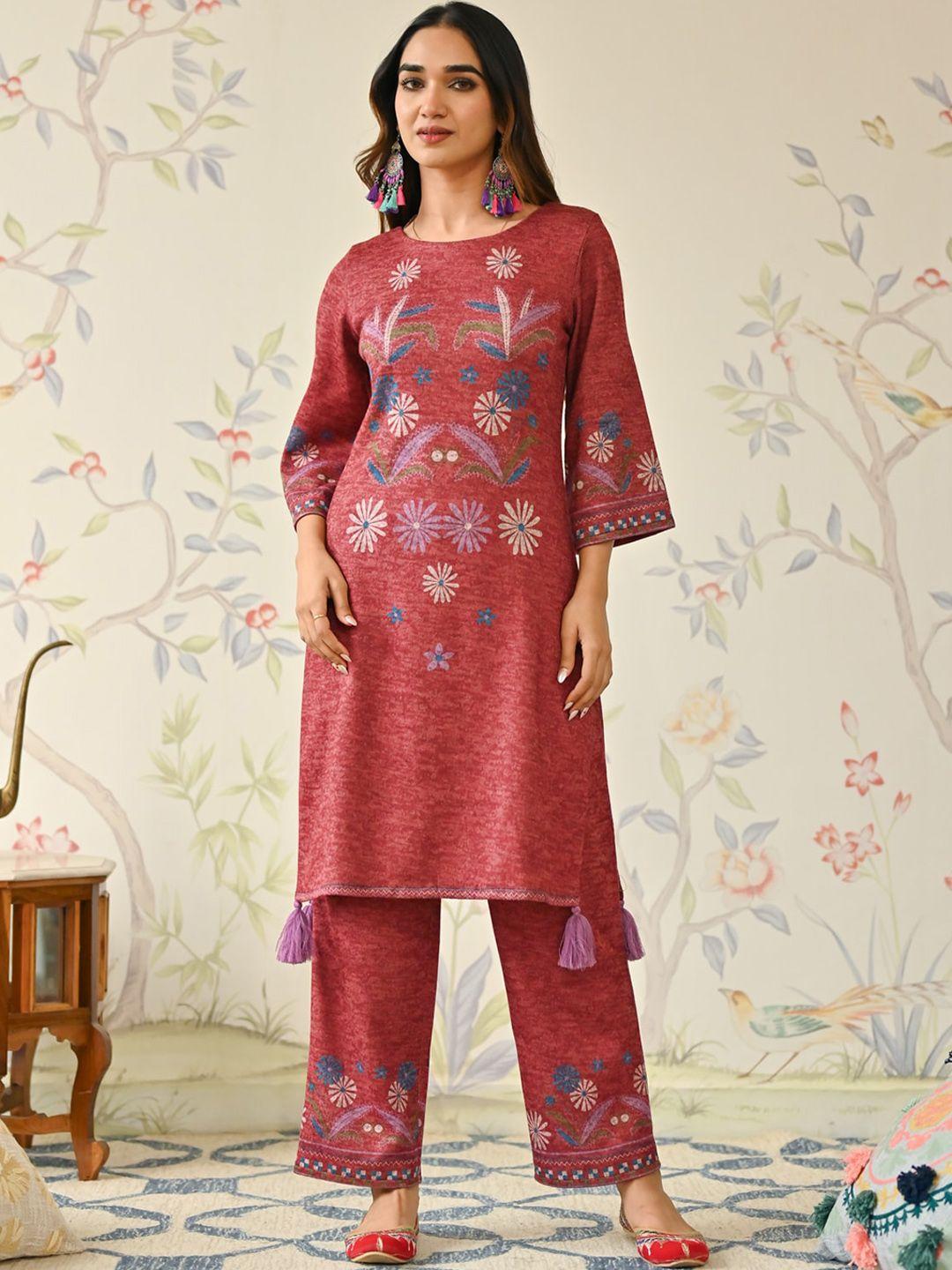 rustorange floral printed straight kurta with trouser