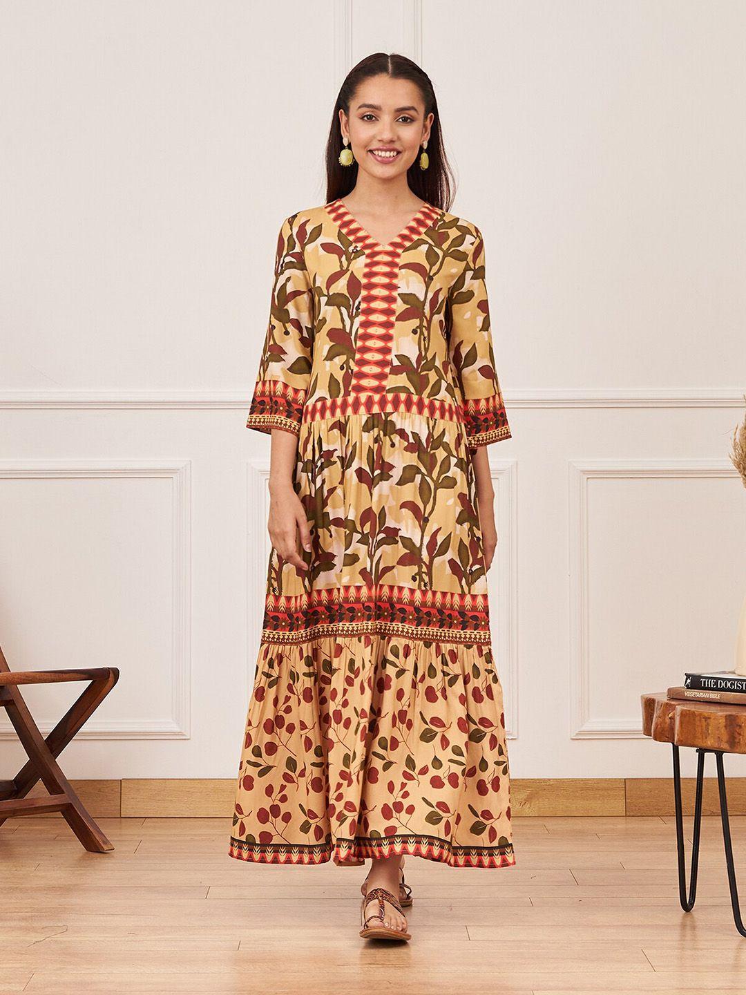 rustorange floral printed tiered gathered detail a-line ethnic dress