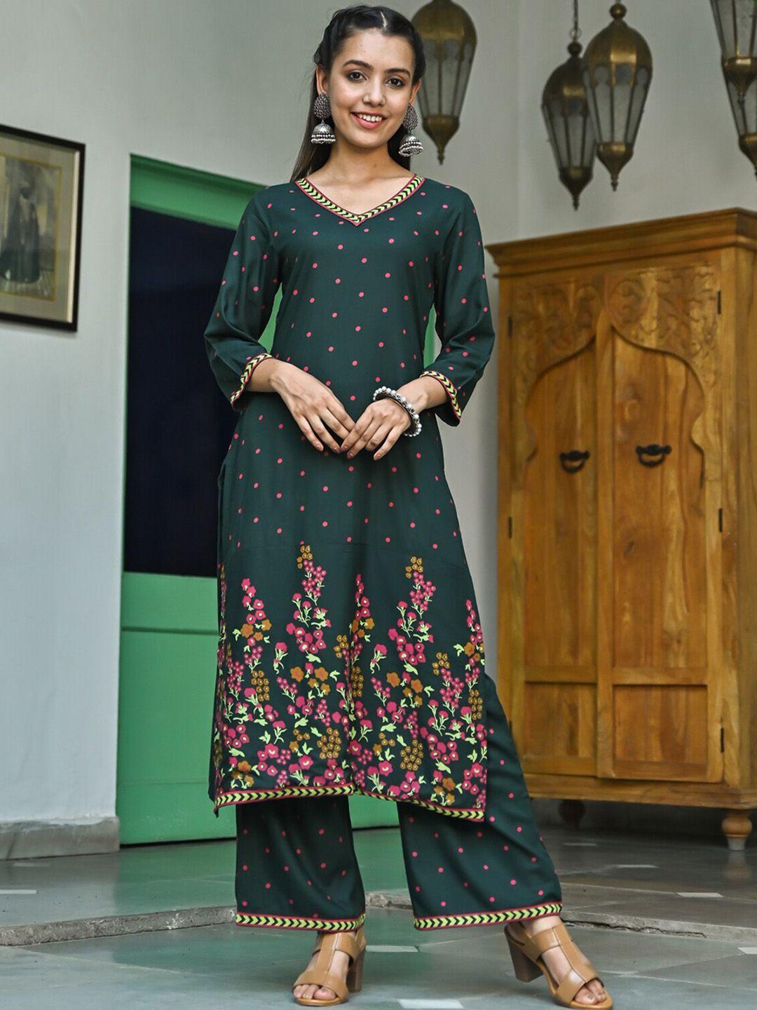 rustorange floral printed v-neck kurta with palazzos