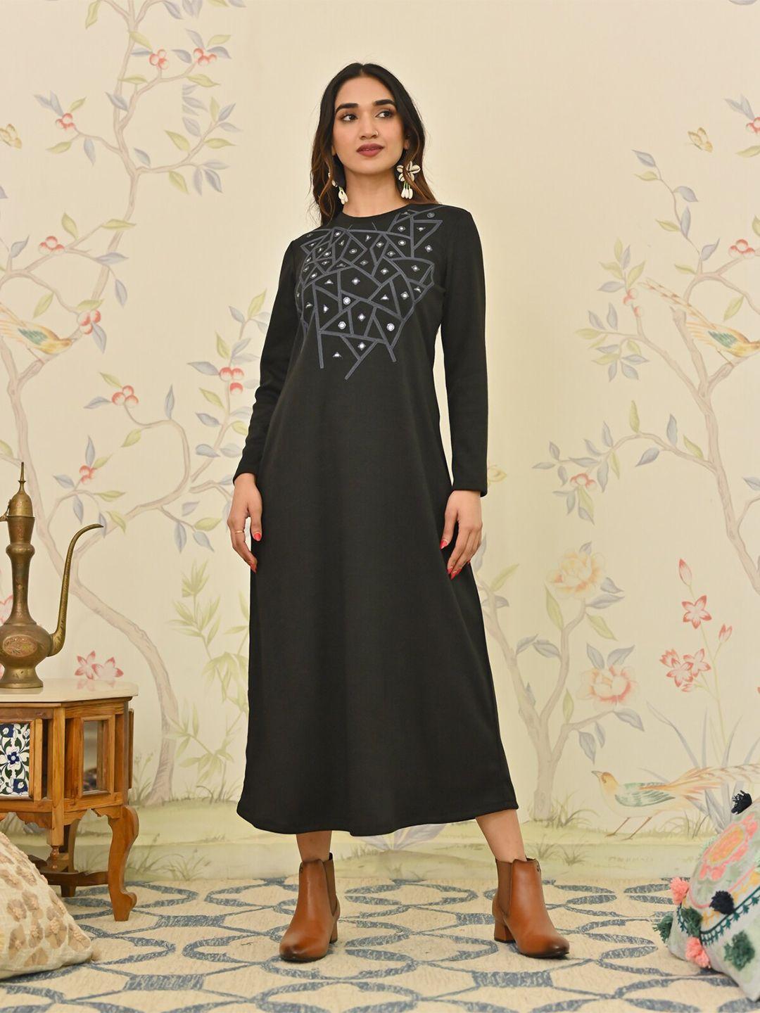 rustorange geometric embroidered round neck long sleeves a line maxi dress