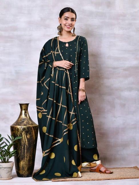 rustorange green & gold polka dots kurta palazzo set with dupatta