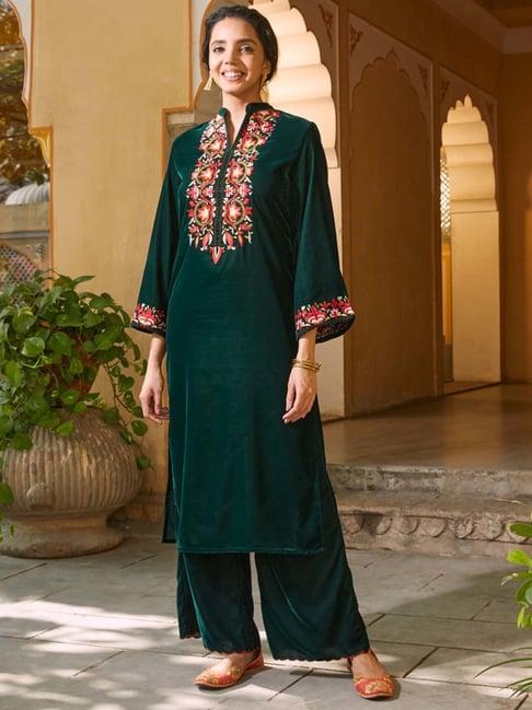 rustorange green embroidered kurta pant set