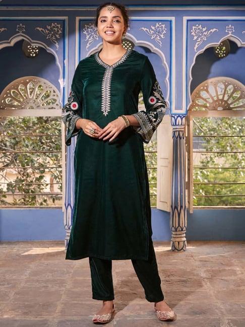 rustorange green embroidered straight kurta