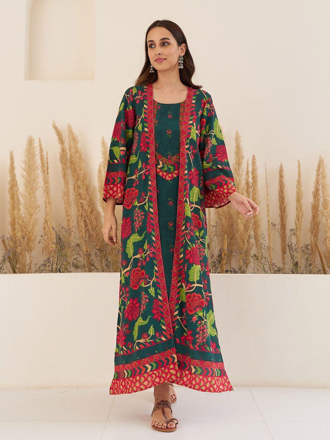 rustorange green ethnic motifs print maxi dress