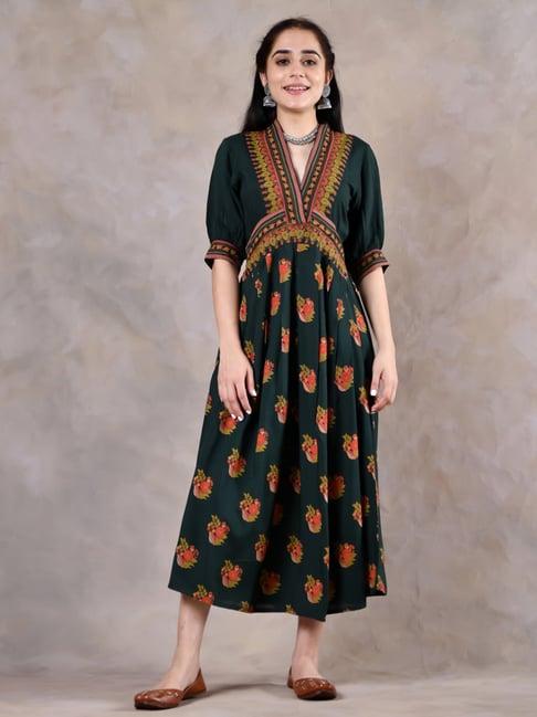 rustorange green floral print a-line dress