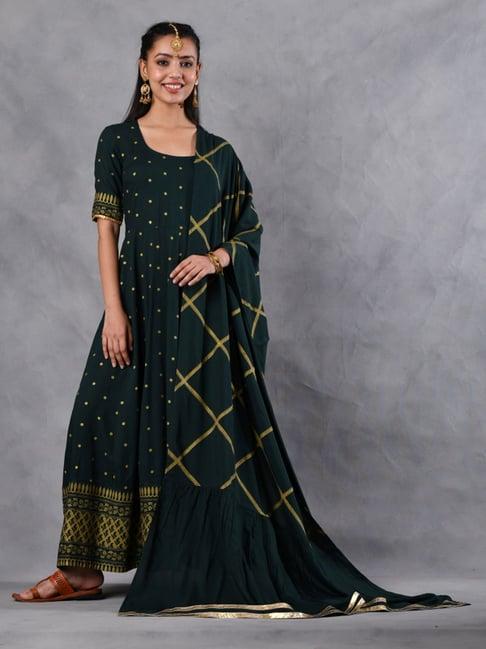 rustorange green printed a line kurta with dupatta