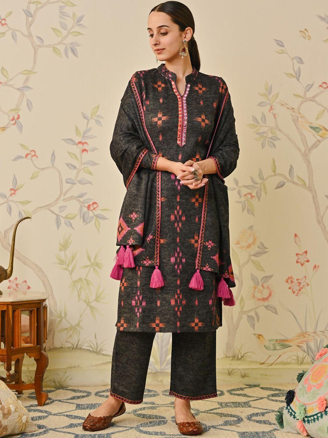 rustorange ikat printed mirror work kurta with trousers & dupatta