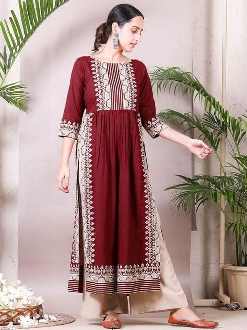 rustorange maroon & beige border printed kurta palazzo set