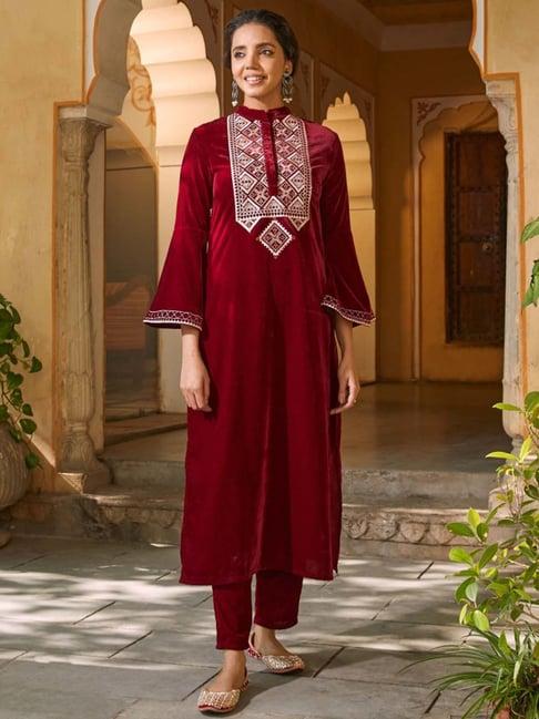 rustorange maroon embroidered a line kurta