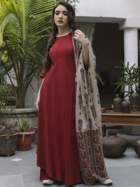 rustorange maroon flared kurta palazzo set with dupatta