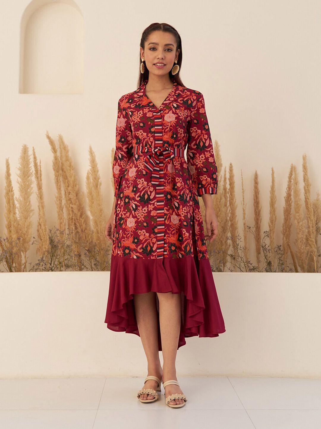 rustorange maroon floral print tie-up neck a-line midi dress