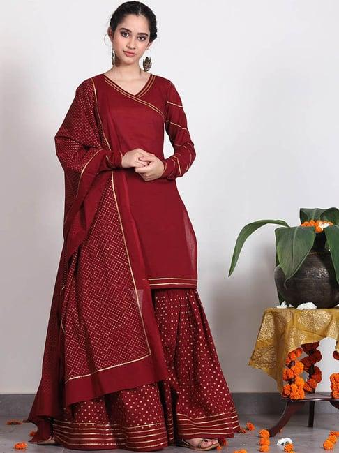 rustorange maroon kurta & ghaghra set with dupatta