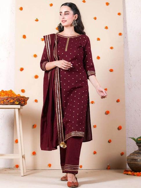 rustorange maroon kurta set with dupatta