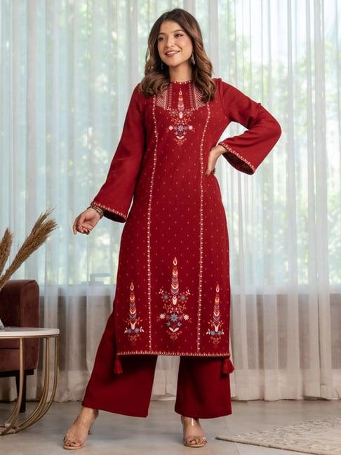 rustorange maroon printed straight kurta