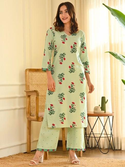 rustorange mint green printed kurta palazzo set