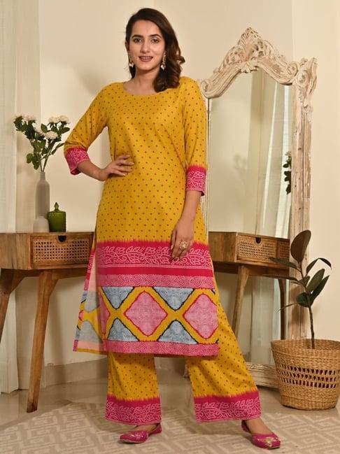 rustorange mustard printed kurta palazzo set